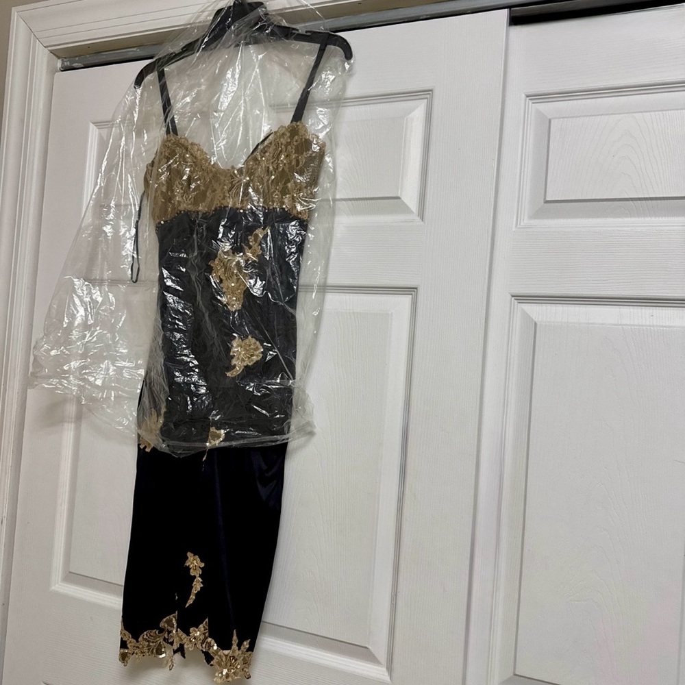 Black Midi Bodycon Dress with Gold Lace Trim